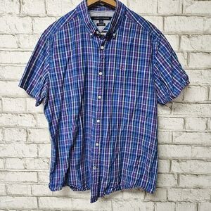 Tommy Hilfiger Men's Short Sleeve Button Down Shirt Sz L Classic Fit Blue Plaid